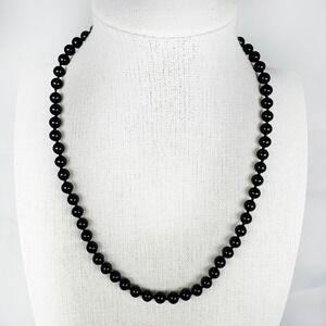 Vintage Monet Black Bead Necklace 15" Knotted Gold Patented Clasp Signed